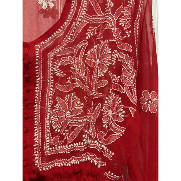 Y2K Fairycore Embroidered Red/Pink Top Beachy boho coverup Sheer One Size 34x31" - Picture 2 of 8